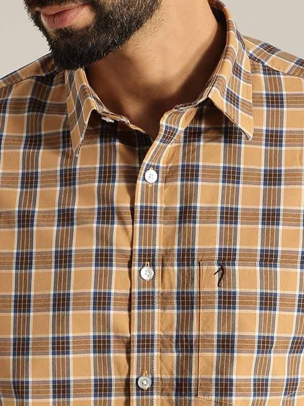Indian Terrain Men's Slim Fit Half Sleeve Checkered Khaki Shirt